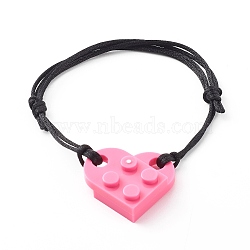 Resin Building Blocks Link Bracelets, with Adjustable Nylon Cord , Heart, Hot Pink, Inner Diameter: 1-3/4~3-1/4 inch(4.6~8.3cm)(BJEW-JB06339-05)