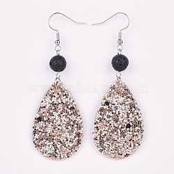 PU Leather Sequins Dangle Earring, with Natural Lava Rock Beads and Brass Earring Hooks, Platinum, Dark Salmon, 73mm, Pin: 0.7mm(EJEW-JE03158-04)