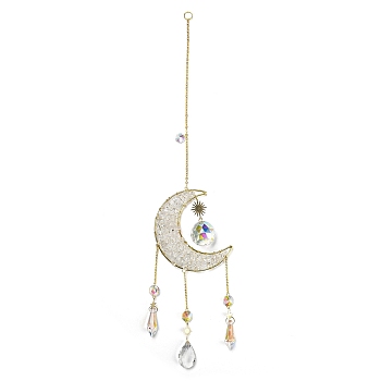 Wire Wrapped Natural Quartz Crystal Chip Moon Pendant Decoration, with Glass Cone/Teardrop Charm and Brass Findings, for Home Hanging Decoration, 470~473mm