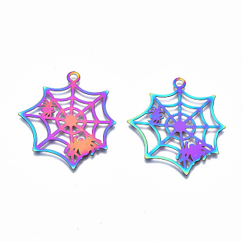 201 Stainless Steel Pendants, Ion Plating(IP), Halloween Spider and Web, Rainbow Color, 37.5x33.5x0.3mm, Hole: 2mm