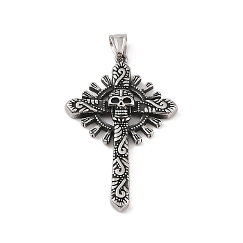 304 Stainless Steel Big Pendants, Cross with Skull Charm, Antique Silver, 63x39x6mm, Hole: 4x7mm