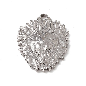 304 Stainless Steel Pendants, Lion Head Charm, Stainless Steel Color, 26x20.5x5.5mm, Hole: 2.5mm