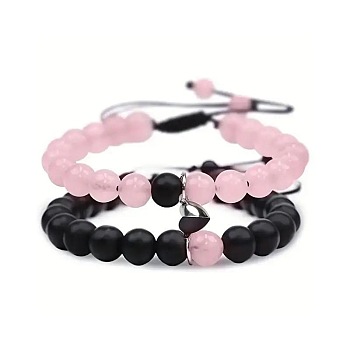 2Pcs Round Dyed Natural Pink Jade & Black Howlite Couple's Love Magnetic Attraction Braided Bead Bracelet Sets, Adjustable Bracelets