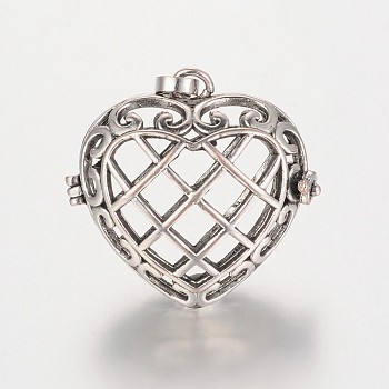 Eco-Friendly Rack Plating Brass Hollow Heart Cage Pendants, Cadmium Free & Lead Free, Antique Silver, 31x32x16mm, Hole: 9x4mm, inner: 26x23mm