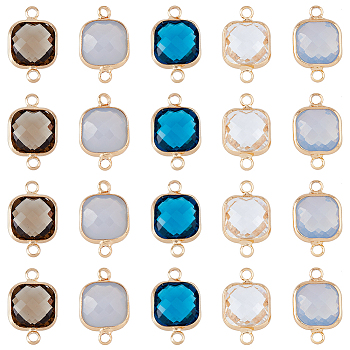 20Pcs 5 Colors Transparent K9 Glass Connector Charms, with Light Gold Plated Brass Findings, Faceted, Square Links, Mixed Color, 16.5x10.5x5.5mm, 4pcs/color