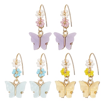 3 Pairs 3 Colors Alloy Acrylic Butterfly Dangle Earrings, Seed Beaded Flower Drop Earrings with 304 Stainless Steel Pins, Mixed Color, 30x14mm, 1 Pair/colors