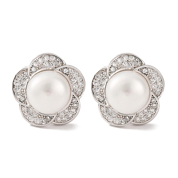 925 Sterling Silver Flower Stud Earrings, with Natural Pearl & Clear Cubic Zirconia, Real Platinum Plated, 13.5x13.8mm