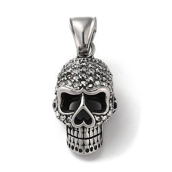 304 Stainless Steel Pendants, with Rhinestone, Antique Silver, Skull Charm, Crystal, 27.5x13.5x16.5mm, Hole: 9x4mm