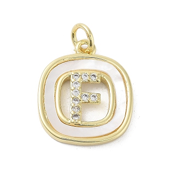 Rack Plating Brass Micro Pave Clear Cubic Zirconia Pendants, with Shell, Cadmium Free & Lead Free, Long-Lasting Plated, Real 18K Gold Plated, with Jump Ring, Letter F, 17.5x15x2.5mm, Hole: 3mm