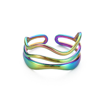 Rainbow Color 304 Stainless Steel Wave Wire Wrap Open Cuff Ring for Women, US Size 9 1/2(19.3mm)