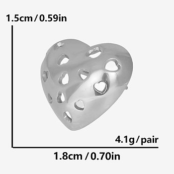 Stylish 303 Stainless Steel Hollow Heart Stud Earrings, Delicate Sweet Ear Jewelry, Silver, 15x18mm