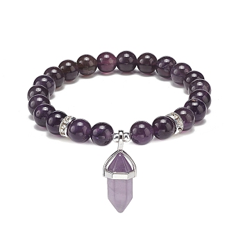 Natural Amethyst Round Beaded Stretch Bracelet with Bullet Charms, Gemstone Yoga Jewelry for Women, Inner Diameter: 2~2-1/8 inch(5.1~5.3cm)