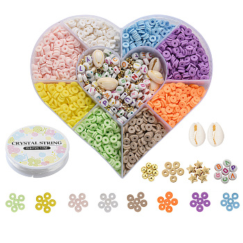 DIY Sufer heishi Bracelet Making Kit, Including Disc/Flat Round Polymer Clay Beads, ABS & CCB Plastic Beads, Letter Acrylic & Natural Cowrie Shell Beads and Elastic Thread, Mixed Color, Beads: about 3168pcs/box