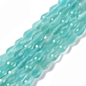 Cat Eye Beads Strands, Faceted, Teardrop, Aqua, 8x6mm, Hole: 0.9mm, about 45pcs/strand, 14.76~14.96 inch(37.5~38cm)