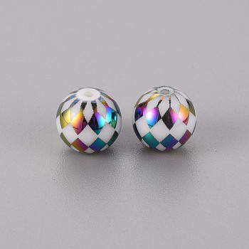 Electroplate Glass Beads, Round with Grid Pattern, Multi-color Plated, 10mm, Hole: 1.2mm