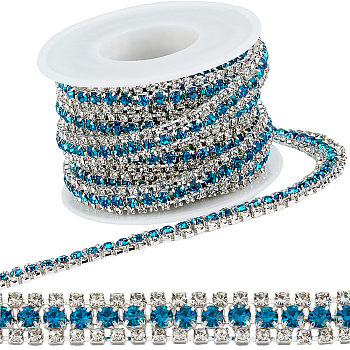 Iron Rhinestone Strass Chains, Triple Rows Rhinestone Cup Chain, with Spool, Sapphire, 8.8x3mm, about 9.84 Feet(3m)/Roll