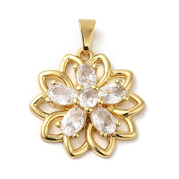Rack Plating Brass Micro Pave Cubic Zirconia Pendants, Cadmium Free & Lead Free, Real 18K Gold Plated, Long-Lasting Plated, Flower, Clear, 23x22.5x5.5mm, Hole: 3x6mm