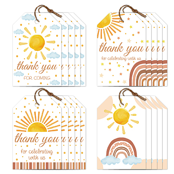 120Pcs 4 Styles Sunflower Paper Thank You Gift Tags, Hange Tags, For Arts and Crafts, with 30M Jute Twine, Rectangle, Sun, 7.7x5.1cm, Hole: 5mm, 30pcs/style