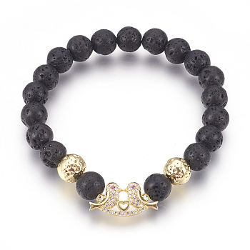 Stretch Bracelets, with Long-Lasting Plated Electroplated Natural Lava Rock, Natural Lava Rock and Brass Cubic Zirconia Beads, Bird, Golden, 2-1/4 inch(5.7cm)