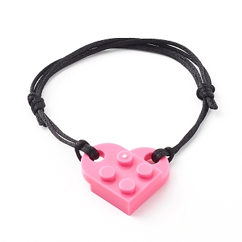 Resin Building Blocks Link Bracelets, with Adjustable Nylon Cord , Heart, Hot Pink, Inner Diameter: 1-3/4~3-1/4 inch(4.6~8.3cm)