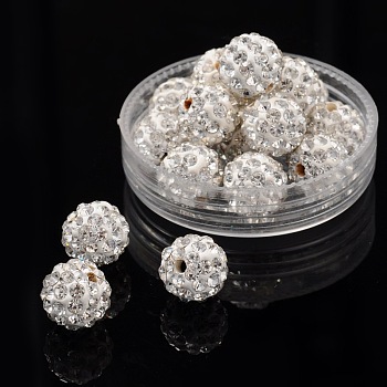 Pave Disco Ball Beads, Polymer Clay Rhinestone Beads, Round, Crystal, PP15(2.1~2.2mm), 10mm, Hole: 1.5mm