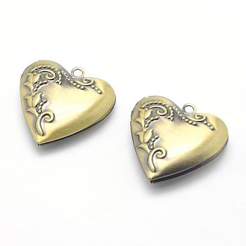 Brass Locket Pendants, Photo Frame Charms for Necklaces, Cadmium Free & Nickel Free & Lead Free, Heart, Brushed Antique Bronze, 26x25.5x7mm, Hole: 2mm, Inner Size: 18x14mm