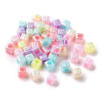 Imitation Pearl Acrylic Beads,  Cube with Letter, Mixed Color, 6x6x6mm, Hole: 3.3mm, about 3571pcs/500g