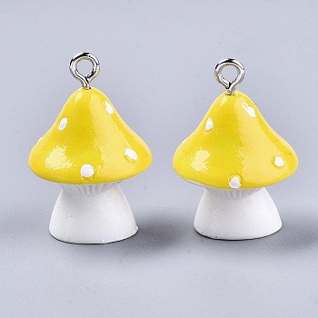 Opaque Resin Pendants, with Platinum Tone Iron Loops, Mushroom with Polka Dots, Yellow, 23~24x17mm, Hole: 2mm