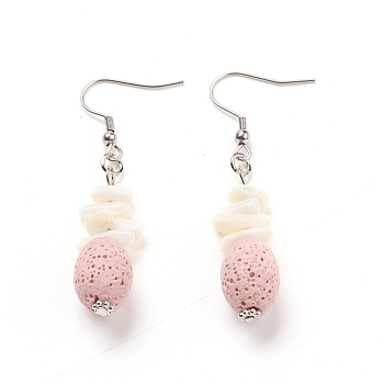 Natural Lava Rock Dangle Earrings, with Synthetic Gemstones, Alloy Spacer Beads and Stainless Steel Earring Hooks, Oval, Pink, 56~58mm, Pin: 0.7mm