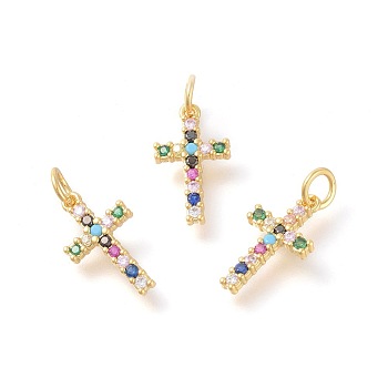 Brass Micro Pave Cubic Zirconia Pendants, Cross, Colorful, Golden, 16x9x2mm, Hole: 3mm