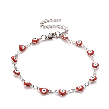 Enamel Heart with Evil Eye Link Chains Bracelet, 304 Stainless Steel Jewelry for Women, Stainless Steel Color, Red, 6-7/8 inch(17.5cm)