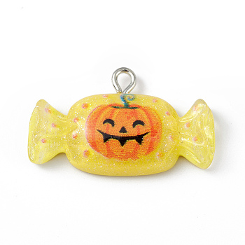 Translucent Resin Pendants, Halloween Candy Charms, with Platinum Tone Iron Loops, Champagne Yellow, 18.5x31x6mm, Hole: 2mm