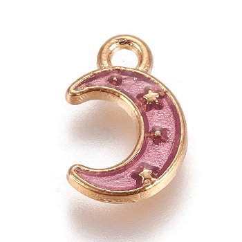 Zinc Alloy Pendants, with Enamel, Moon with Star, Light Gold, Violet, 11.5x7.5x1.5mm, Hole: 1.4mm
