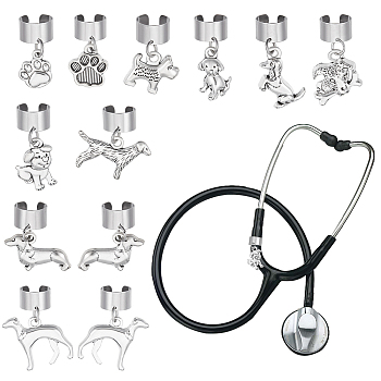 12Pcs Alloy Enamel Stethoscope Pendant Decorations, Dog, with 304 Stainless Steel Findings, Platinum, 19~28mm, 12pcs/set