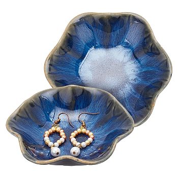 Porcelain Jewelry Dish, Ring Holder Dish, Flambed Glazed Lotus Leaf Shape Jewelry Organizer Tray, Trinket Jewelry Holder Home Decor for Earrings, Necklace, Midnight Blue, 100x110x21mm