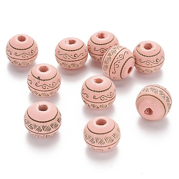Painted Natural Wood Beads, Laser Engraved Pattern, Round with Leave Pattern, Pink, 10x9mm, Hole: 2.5mm