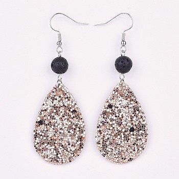 PU Leather Sequins Dangle Earring, with Natural Lava Rock Beads and Brass Earring Hooks, Platinum, Dark Salmon, 73mm, Pin: 0.7mm