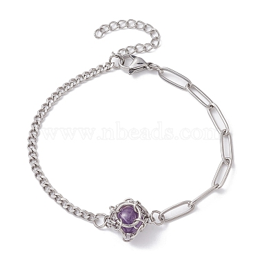 Natural Gemstone Round Link Bracelet(BJEW-JB10032-02)-3