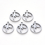 304 Stainless Steel Pendants, Laser Cut, Ring with Dragonfly, Stainless Steel Color, 17x15x1mm, Hole: 1.2mm(X-STAS-N092-40)