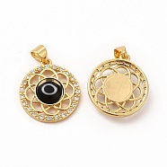Rack Plating Brass Micro Pave Clear Cubic Zirconia Pendants, with Handmade Evil Eye Lampwork, Cadmium Free & Lead Free, Long-Lasting Real 18K Gold Plated, Flat Round with Flower Charm, Black, 21.5x19x4.5mm, Hole: 4.5x3.5mm(LAMP-A153-07G-07)