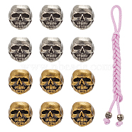 12Pcs 2 Colors Outdoor EDC Tool Brass Parachute Rope European Beads, Large Hole Beads, Skull, Antique Bronze & Antique Silver, 9x9x10.5mm, Hole: 5mm, 6pcs/color(KK-NB0003-62)