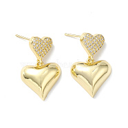 Clear Cubic Zirconia Heart Dangle Stud Earrings, Rack Plating Brass Jewelry for Women, Lead Free & Cadmium Free, Real 18K Gold Plated, 25.5mm, Pin: 0.7mm(EJEW-H135-03G)