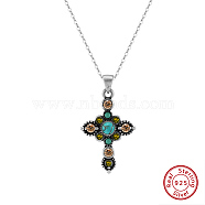 Natural Turquoise & Cubic Zirconia Cross Pendant Necklaces, Rhodium Plated 925 Sterling Silver Cable Chain Necklaces, Antique Silver & Platinum, 17.95 inch(45.6cm)(NJEW-L125-001ASP)