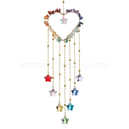 Wire Wrapped Chakra Natural Gemstone Chips Heart Hanging Ornaments, Glass Heart Tassel Suncatchers for Indoor Window Patio Garden Decorations, 305mm(HJEW-JM02369)