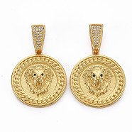 Brass Micro Pave Cubic Zirconia Pendants, Nickel Free, Flat Round with Lion, Real 16K Gold Plated, 26.5x24x6mm, Hole: 3x10mm(X-KK-Q252-047-NF)