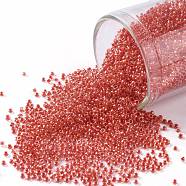 TOHO Round Seed Beads, Japanese Seed Beads, (341) Inside Color Crystal/Tomato Lined, 15/0, 1.5mm, Hole: 0.7mm, about 3000pcs/bottle, 10g/bottle(SEED-JPTR15-0341)
