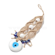 Flat Round with Evil Eye Glass Pendant Decorations, Braided Hemp Rope Hanging Ornaments, White, 200mm(EVIL-PW0002-18A-01)