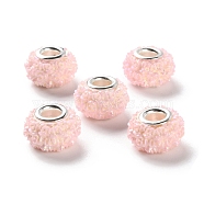 AB Color Resin Rose Flower European Beads, Rondelle Large Hole Beads, with Platinum Tone Alloy Double Cores, Pink, 14x9mm, Hole: 5mm(RESI-M001-05D)