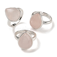 Natural Rose Quartz Teardrop Adjustable Rings, Lead Free & Cadmium Free, Silver Plated Brass Finger Rings for Women Men, Teardrop: 18.5x14mm, Inner Diameter: 18mm(RJEW-K371-08S-14)