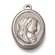 304 Stainless Steel Pendants, Oval with Virgin Mary, Stainless Steel Color, 23.5x16.5x3.5mm, Hole: 1.6mm(STAS-P256-01P)